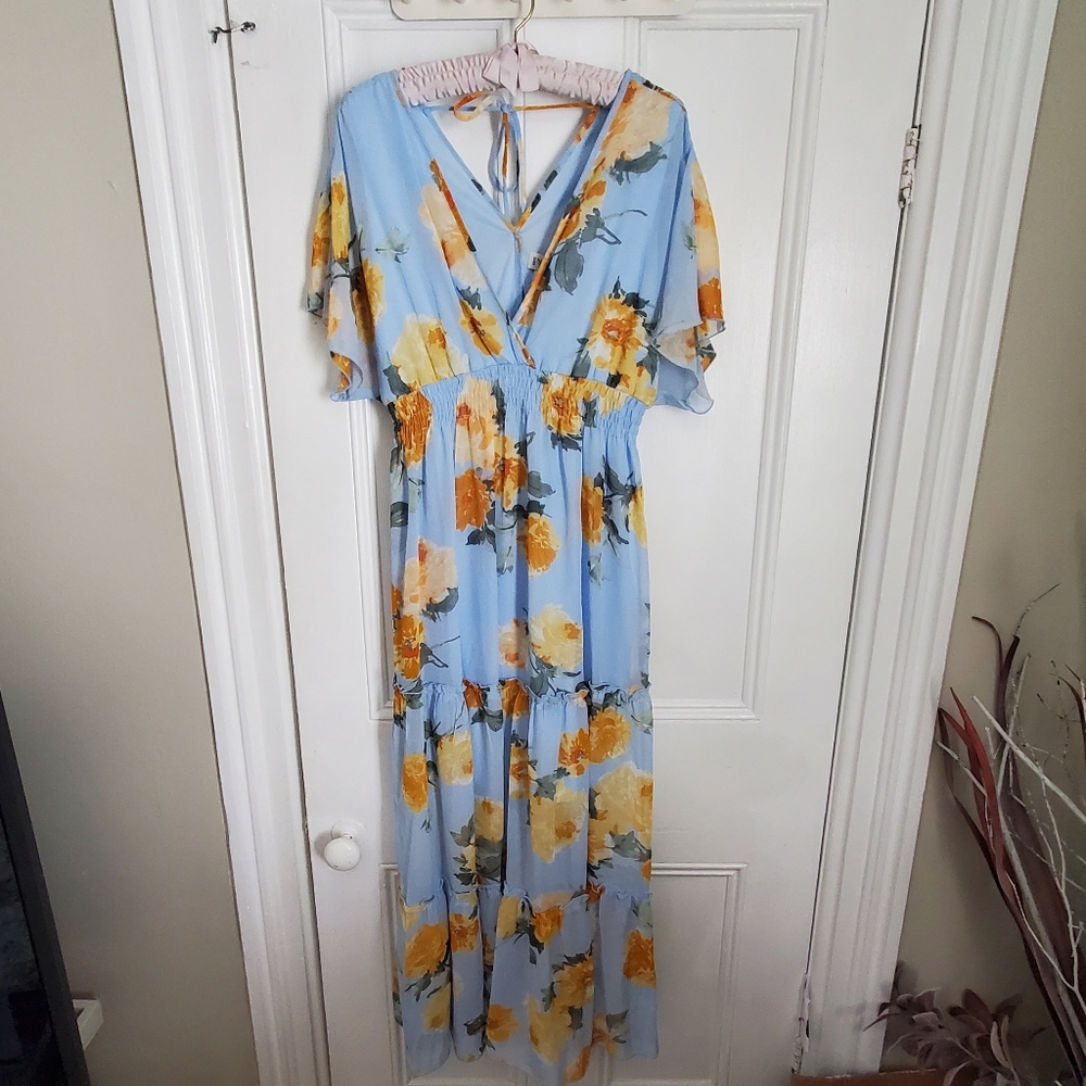 Enfocus Light Blue and Yellow Floral Maxi Dress